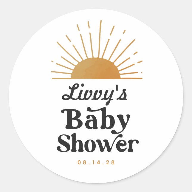 Pegatina Redonda Baby Shower Retro Sunshine (Anverso)