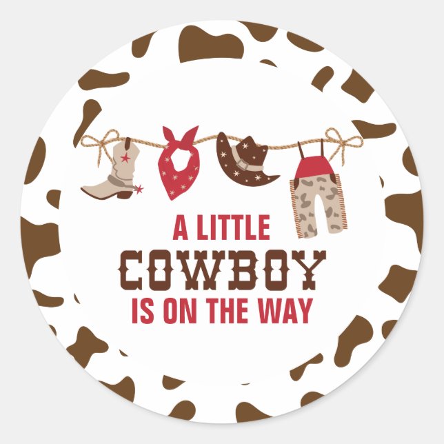 Pegatina Redonda Baby Shower Rodeo Western Cowboy (Anverso)