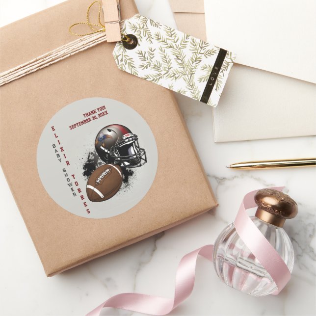 Pegatina Redonda Baby Shower rojo y negro del fútbol americano (Regalar)