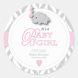 Pegatina Redonda Baby Shower rosa, elefante gris blanco