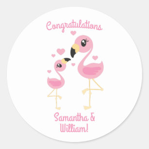 Pegatina Redonda Baby Shower rosa Flamingo