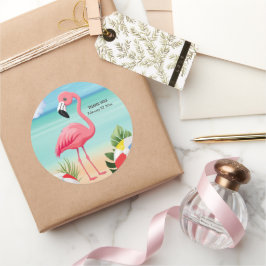 Pegatina Redonda Baby Shower rosa Flamingo de Summer Beach