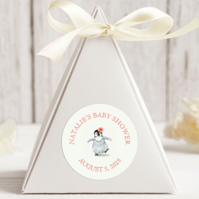 Pegatina Redonda Baby Shower rosa pingüino tropical puro (Subido por el creador)