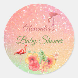Pegatina Redonda Baby Shower rosa Purpurina de flamenco tropical