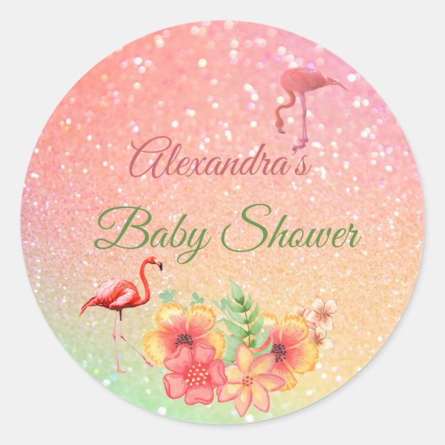 Pegatina Redonda Baby Shower rosa Purpurina de flamenco tropical (Anverso)