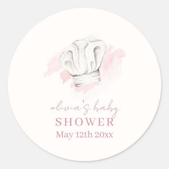 Pegatina Redonda Baby Shower Rosa Simple Moderno Pequeño Chef (Anverso)