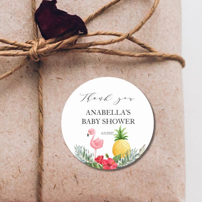 Pegatina Redonda Baby Shower rosa tropical Flamingo (Subido por el creador)