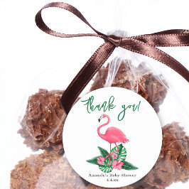 Pegatina Redonda Baby Shower rosado de Flamingo - gracias