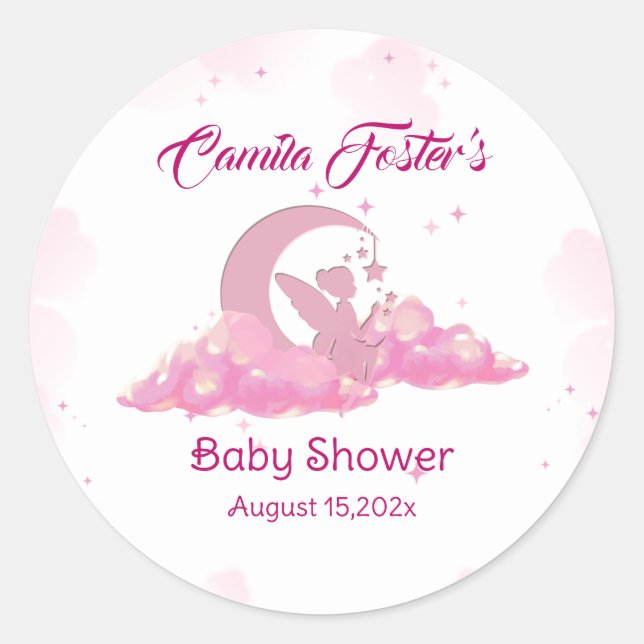Pegatina Redonda Baby Shower rosado de hadas pequeñas (Anverso)