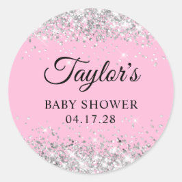 Pegatina Redonda Baby Shower rosado Purpurina plateado
