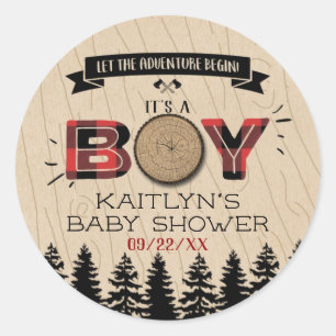 Pegatina Redonda Baby Shower Rustic Forest Plaid Lumberjack Boys