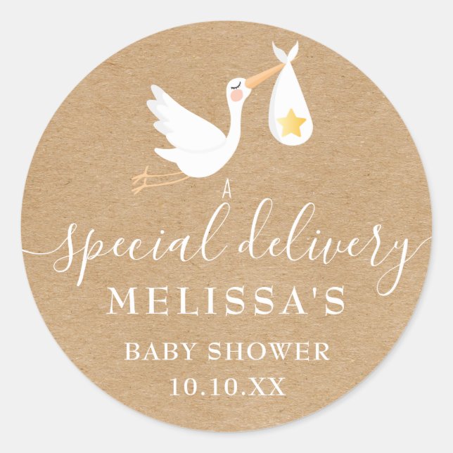 Pegatina Redonda Baby Shower Rustic Kraft Special Delivery Stork (Anverso)