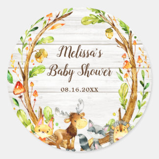 Pegatina Redonda Baby Shower Rustic Watercolor Woodland Animals