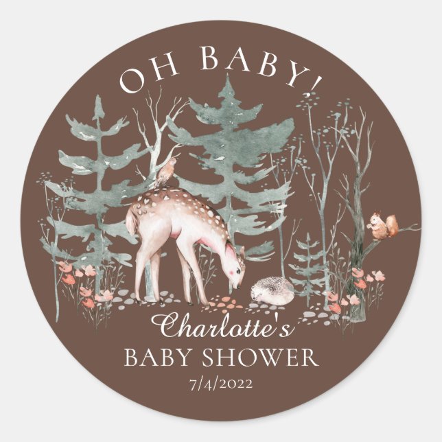 Pegatina Redonda Baby Shower Rustic Woodland Forest Animals (Anverso)