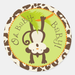 Pegatina Redonda Baby Shower Safari Monkey Animal Print