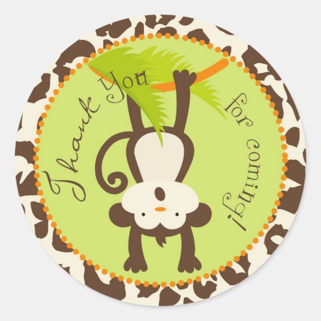 Pegatina Redonda Baby Shower Safari Monkey Animal Print (Anverso)
