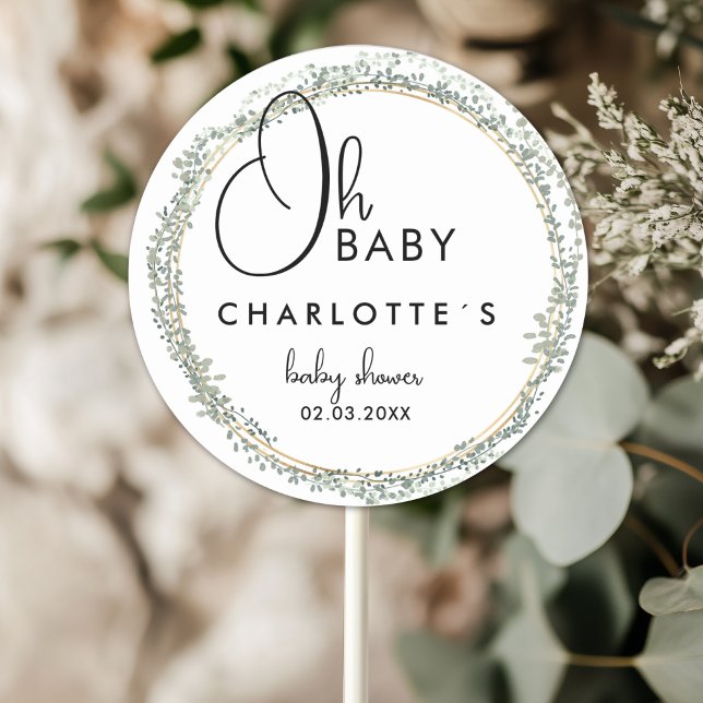 Pegatina Redonda Baby Shower simple con flores (Simple, flower wreath Baby Shower Classic Custom Round Sticker with your Name and Date.)