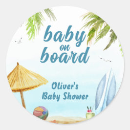 Pegatina Redonda Baby Shower Summer Beach Ocean Surfboard