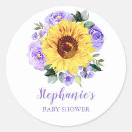Pegatina Redonda Baby Shower Sunflower Purple Floral personalizada