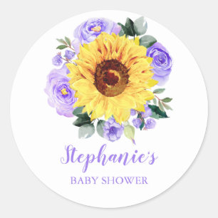 Pegatina Redonda Baby Shower Sunflower Purple Floral personalizada