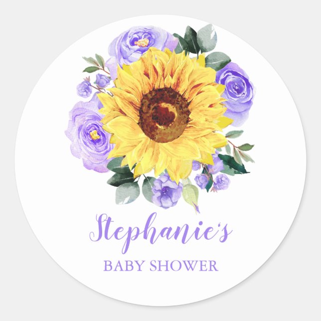 Pegatina Redonda Baby Shower Sunflower Purple Floral personalizada (Anverso)