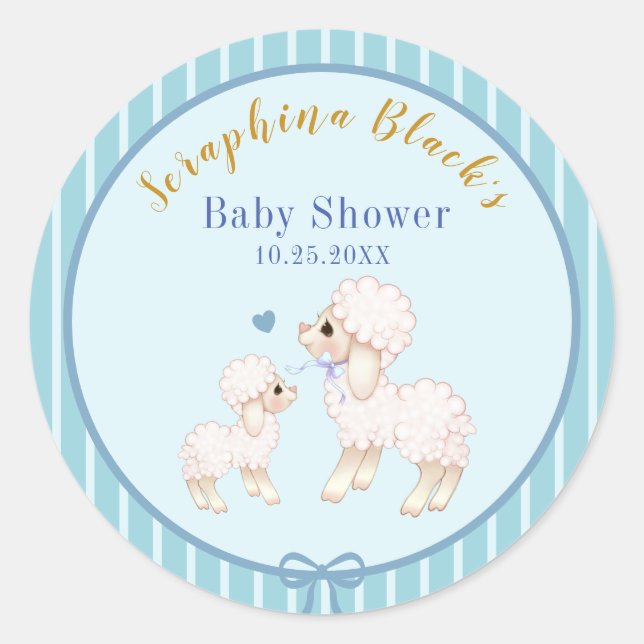 Pegatina Redonda Baby Shower Sweet Blue Boy Lamb (Anverso)