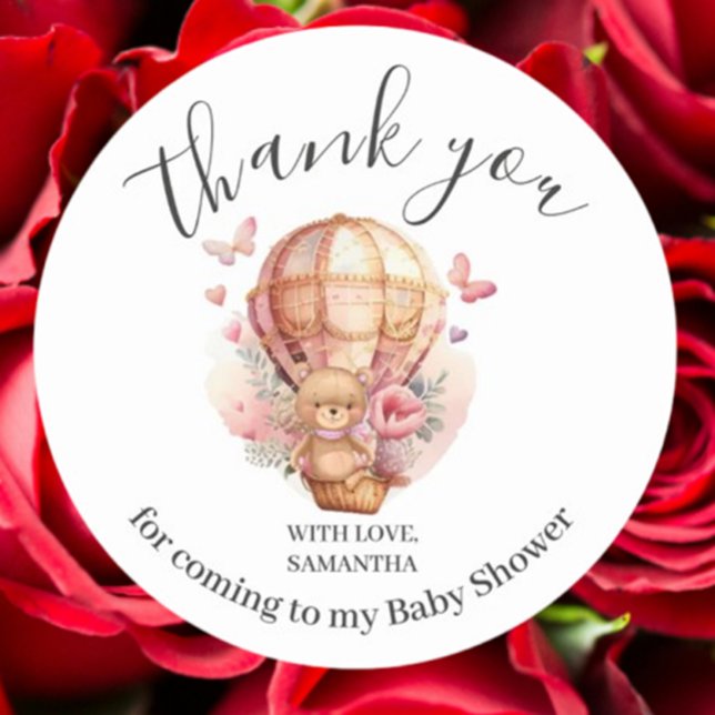 Pegatina Redonda Baby Shower Teddy Bear PINK Balón de aire caliente (Celebrate your baby shower with this adorable pink teddy bear hot air balloon sticker. )