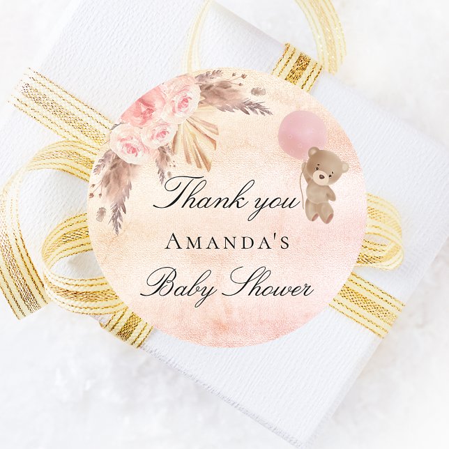 Pegatina Redonda Baby Shower teddy blush pampas césped gracias (Subido por el creador)