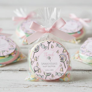 Pegatina Redonda Baby Shower Temático De Candy Rosa Gracias Pegatin