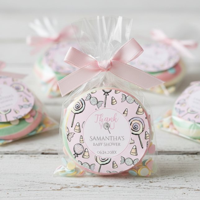Pegatina Redonda Baby Shower Temático De Candy Rosa Gracias Pegatin (Pink Lollipop Candy Cute Girly Thank You Baby Girl Shower Stickers for Mother to Be. Candy Stickers )