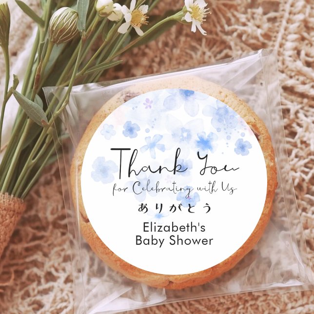 Pegatina Redonda Baby Shower Thank You Blue Floral Cute Script (Subido por el creador)