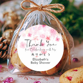 Pegatina Redonda Baby Shower Thank You Pink Floral Cute Script