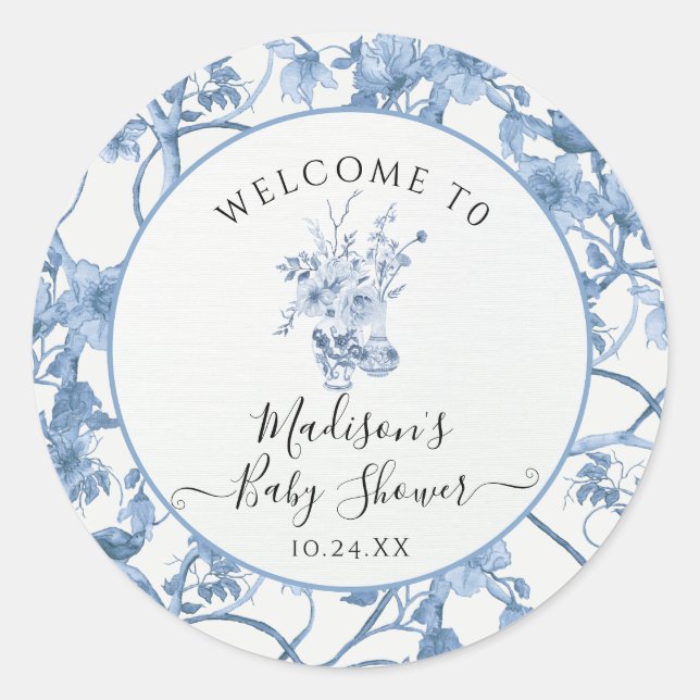 Pegatina Redonda Baby Shower toile Floral Blue y White Elegant (Anverso)
