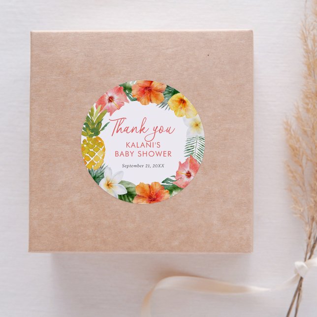 Pegatina Redonda Baby Shower Tropical Floral Luau (Subido por el creador)