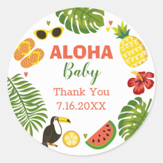 Pegatina Redonda Baby Shower Tropical Hawaiano Aloha