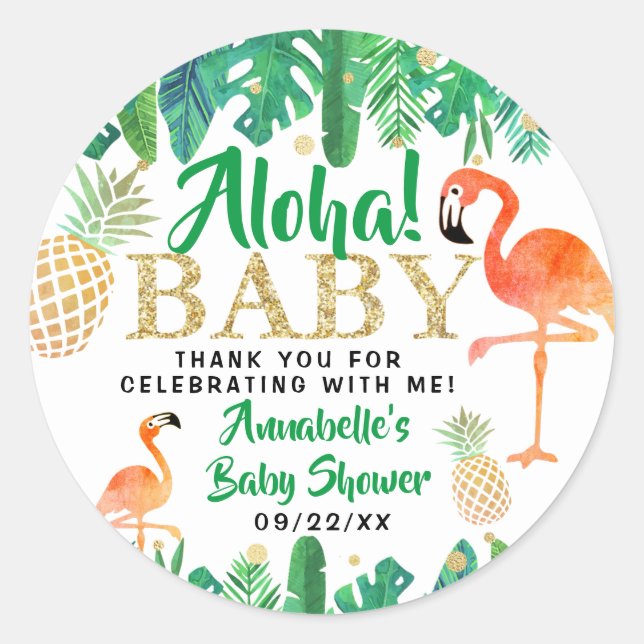 Pegatina Redonda Baby Shower Tropical Summer Beach Luau Boys (Anverso)
