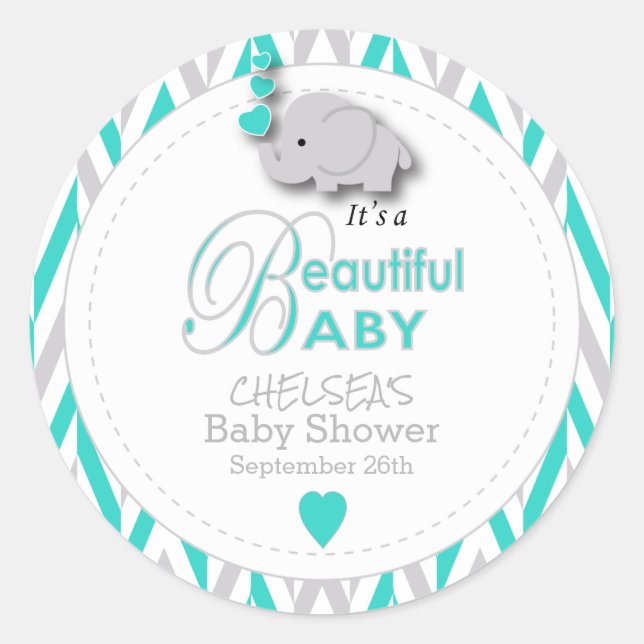Pegatina Redonda Baby Shower turquesa, elefante gris blanco (Anverso)