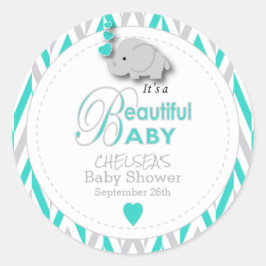 Pegatina Redonda Baby Shower turquesa, elefante gris blanco