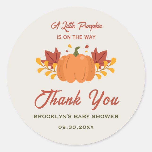 Pegatina Redonda Baby Shower Un pequeño calabaza Las hojas de otoño (Anverso)