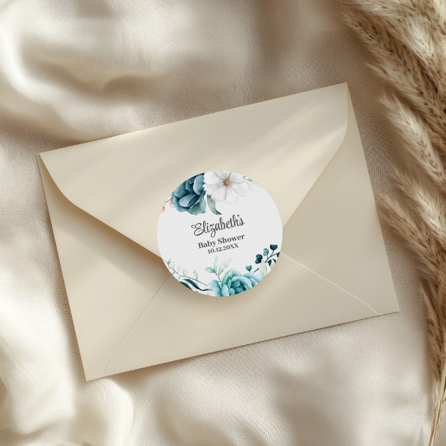 Pegatina Redonda Baby Shower verde azulado y fuera de blanco (Teal and Off-White Baby Shower Classic Round Sticker on an elegant envelope.)