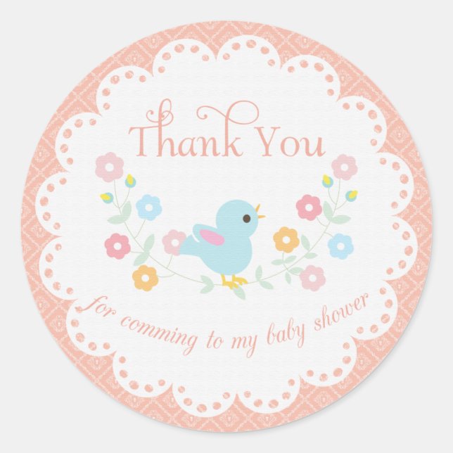 Pegatina Redonda Baby Shower: Vintage Bird and Flowers (Anverso)