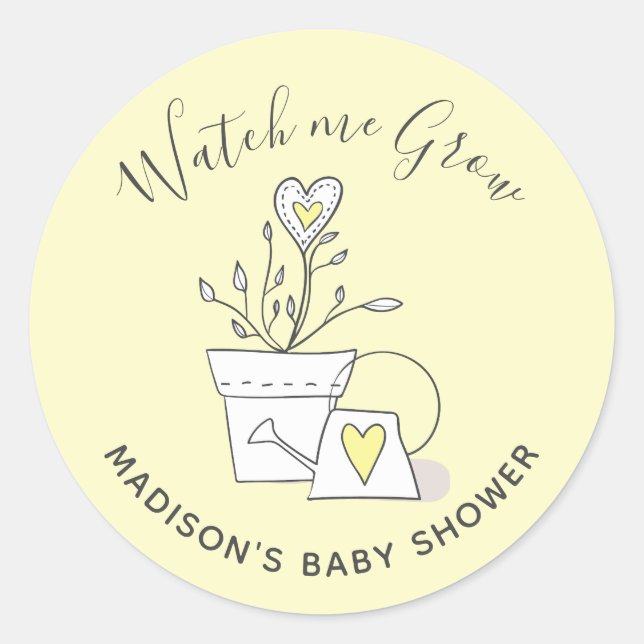 Pegatina Redonda Baby Shower Watch me Grow Yellow Heart Plant (Anverso)