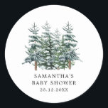 Pegatina Redonda Baby Shower Watercolor Christmas Tree Winter<br><div class="desc">Invitación Baby Shower de color de agua de árbol de Navidad</div>