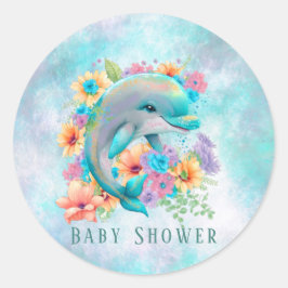 Pegatina Redonda Baby Shower Watercolor Cute Dolphin y Florines