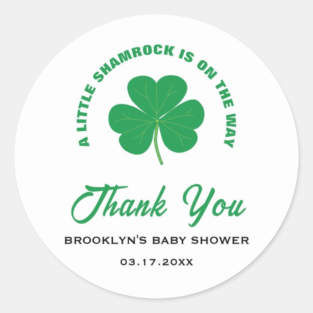 Pegatina Redonda Baby Shower White Green Irish Little Shamrock Guay (Anverso)