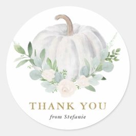 Pegatina Redonda Baby Shower White Pumpkin Fall Gracias