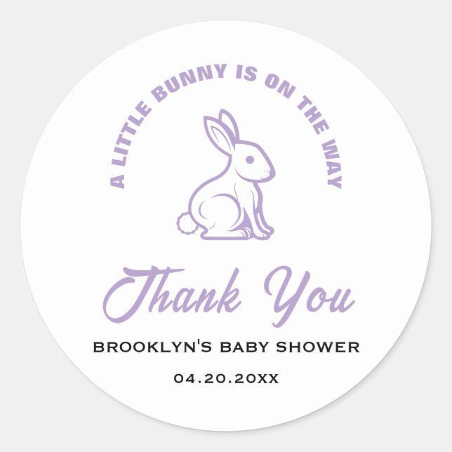 Pegatina Redonda Baby Shower White Purple Easter Little Bunny Guay (Anverso)