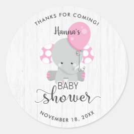 Pegatina Redonda Baby Shower White Wood & Pink Elephant Gracias