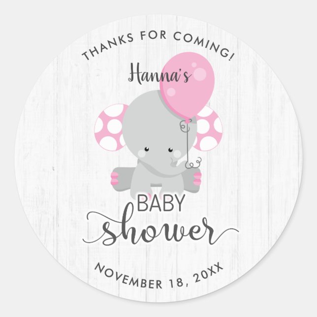 Pegatina Redonda Baby Shower White Wood & Pink Elephant Gracias (Anverso)