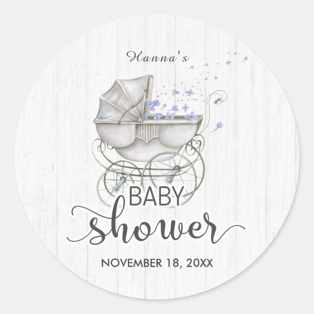 Pegatina Redonda Baby Shower White Wood & Vintage Carriage Boy (Anverso)